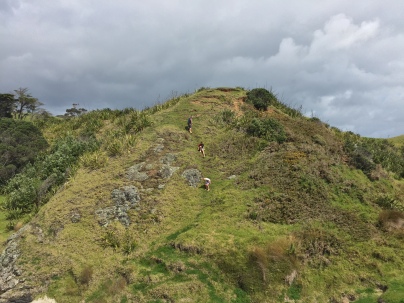 Touristy people climbing a hill like goats